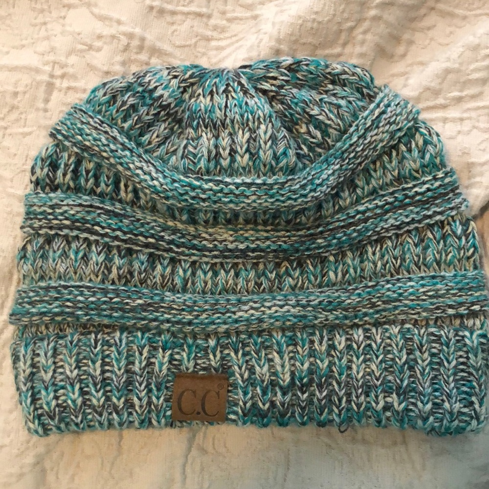Blue and white beanie